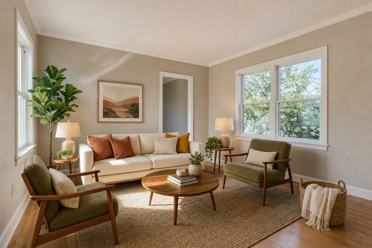 Same living room beautifully staged with furniture, decor, and warm lighting