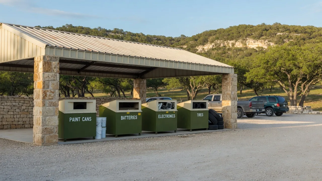Hill Country recycling and disposal center with labeled collection bins for paint, batteries, electronics, and tires under a limestone-pillared pavilion
