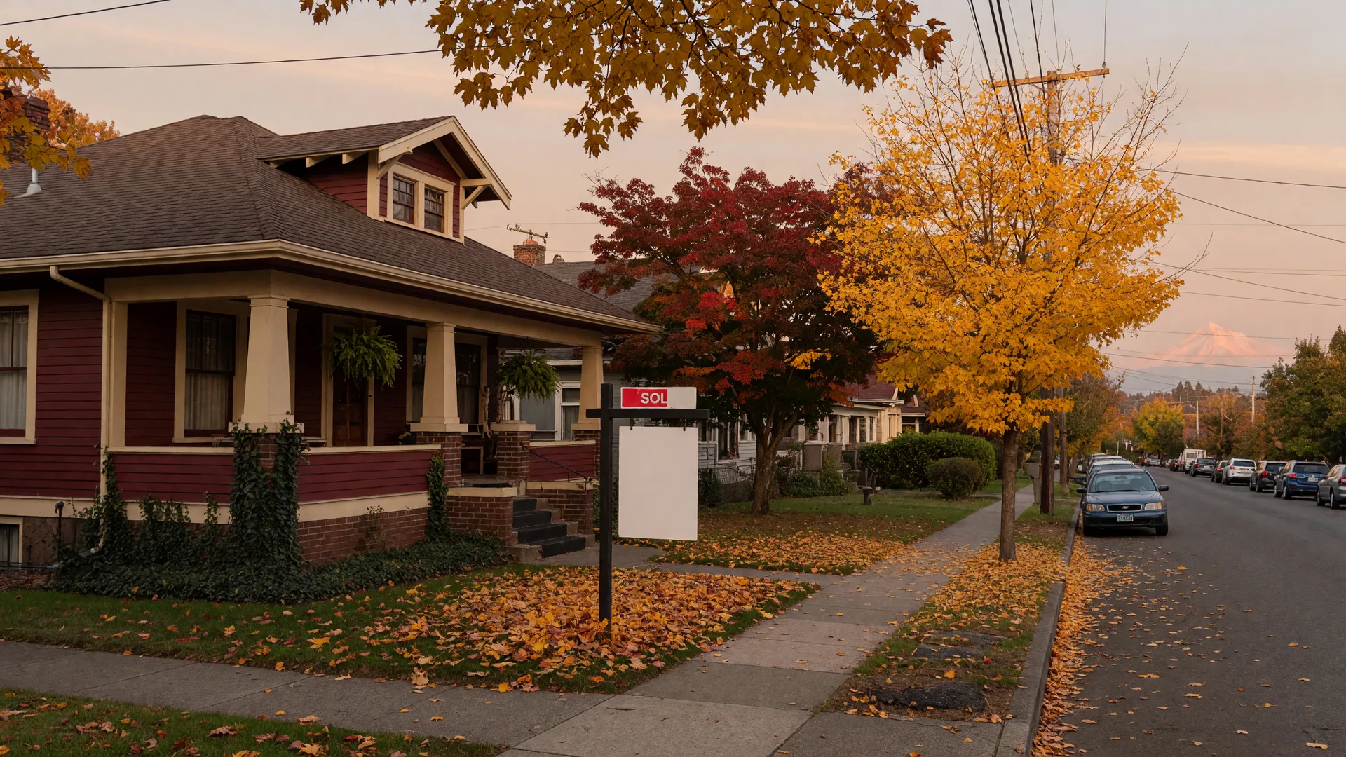 A Portland-area residential street in mid-October at golden hour, maples turning gold and amber, a for-sale sign in a tidy front yard, Mount Hood faint on the horizon