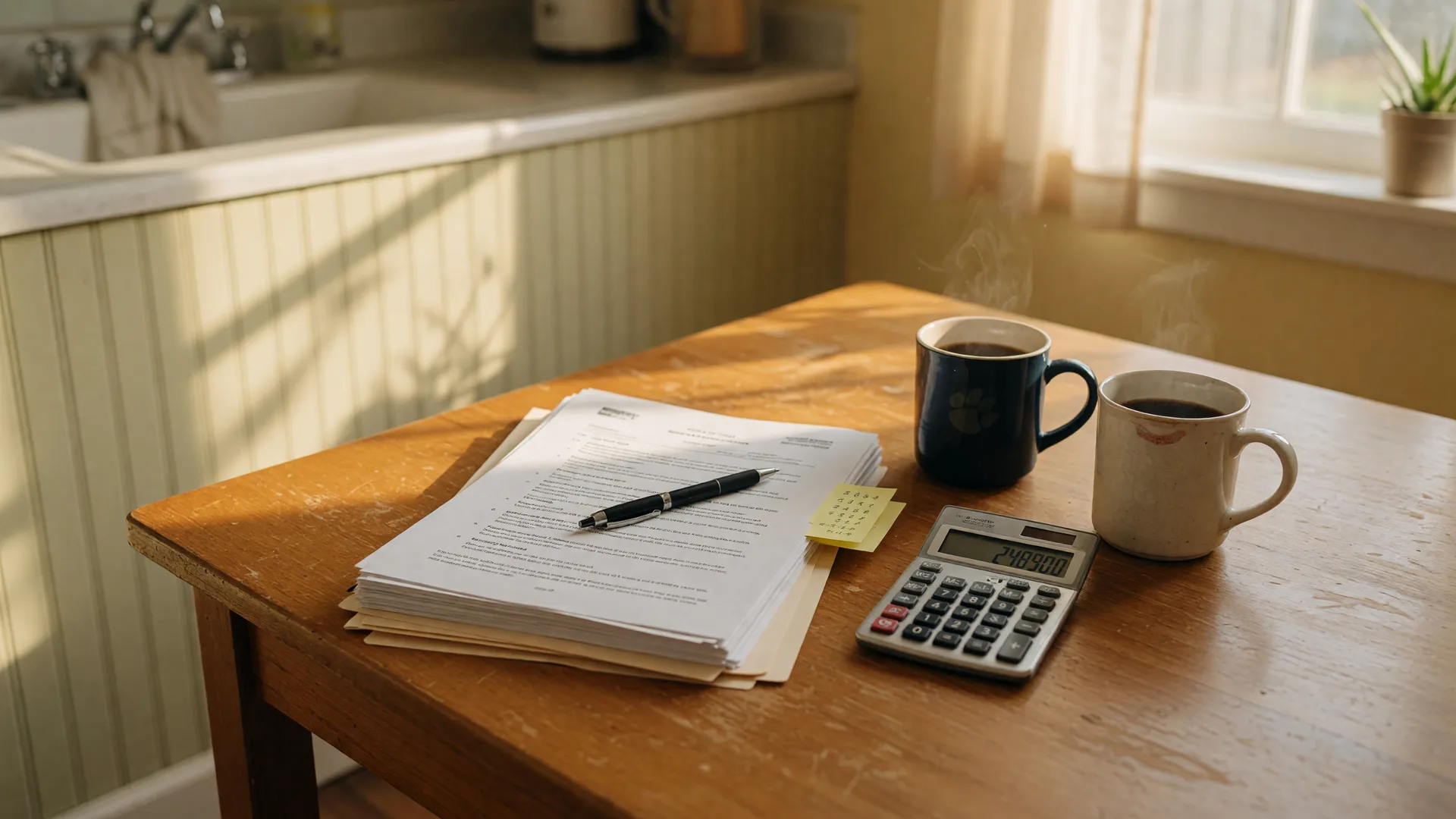 A warm wooden kitchen table in a Columbia SC Midlands home with real estate paperwork, a pen, a small calculator, and two ceramic coffee mugs in soft morning light