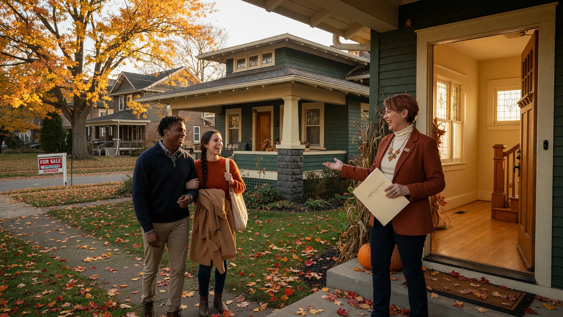 A young couple meeting a real estate agent at the front door of a craftsman-style home in the Cincinnati area on a crisp fall afternoon