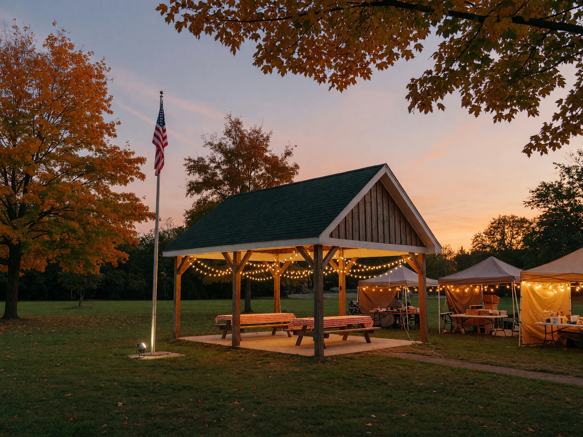 A park pavilion with string lights and vendor booths set for an evening festival
