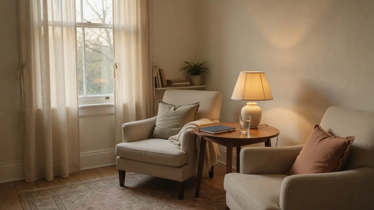 A calm consultation corner with two linen chairs facing each other, a wooden side table with a notebook and a softly glowing lamp in morning light
