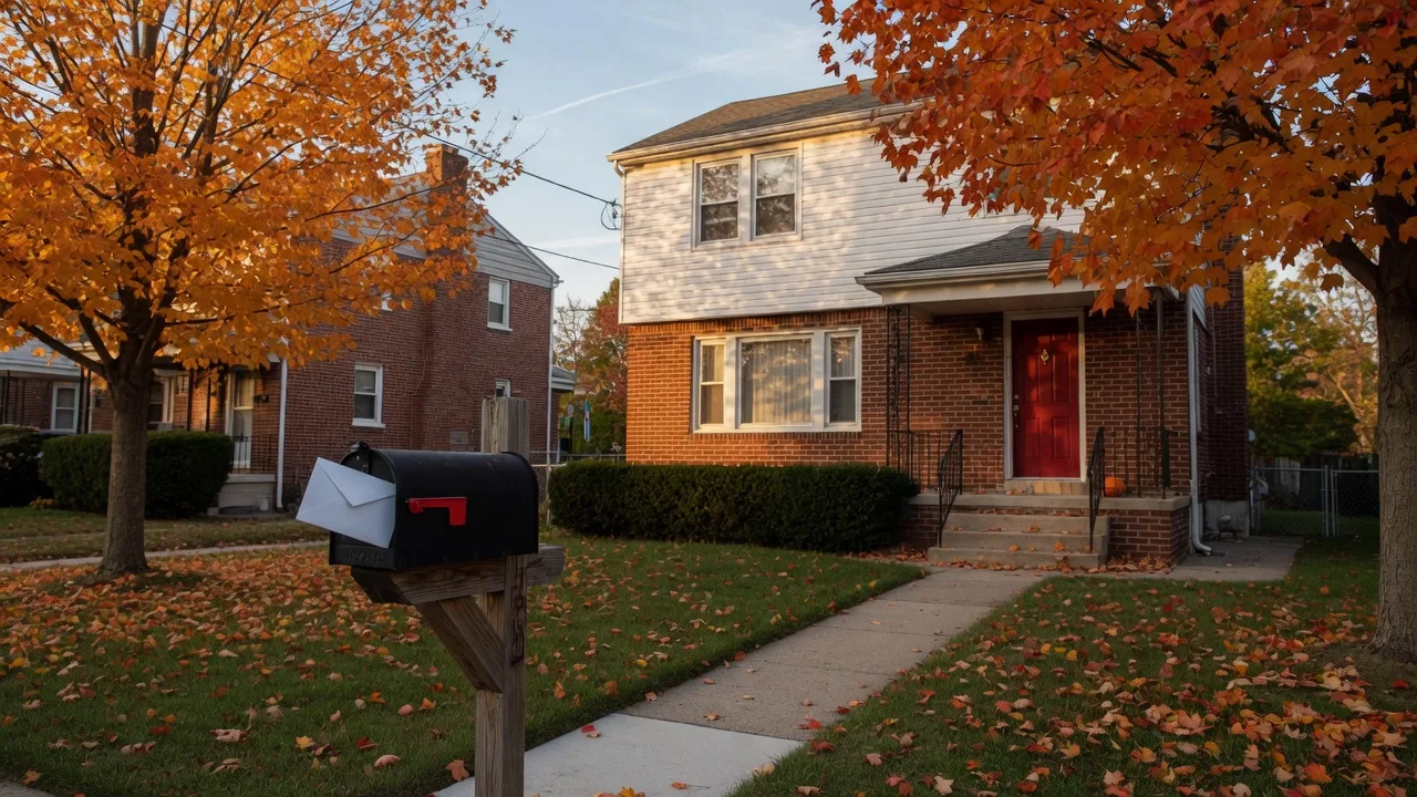 A classic single-family detached suburban home in the Philadelphia area on a crisp October afternoon, with a black mailbox holding a white envelope by the front walk