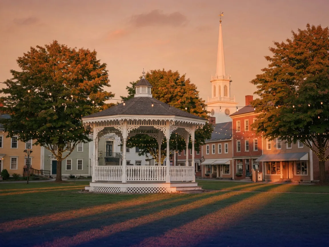 A New England town common bandstand at golden hour