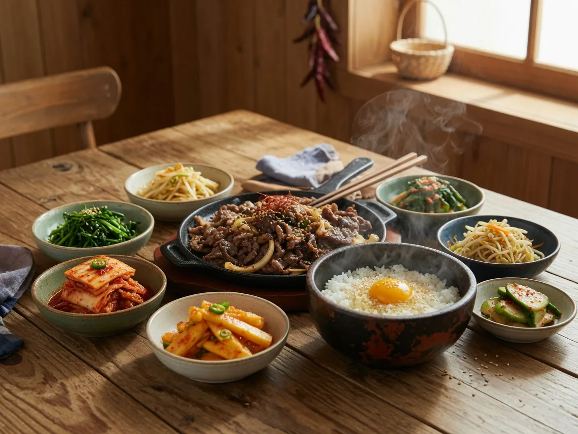 Korean home-style table setting with banchan, bulgogi, and stone bowl rice