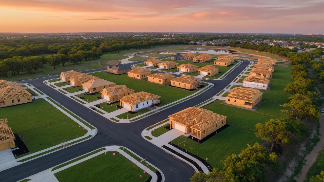 Aerial view of brand new homes in a North Texas community