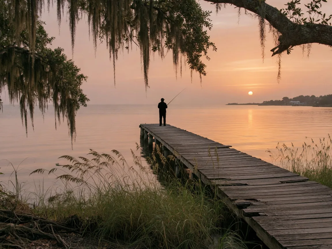 A weathered wooden fishing pier reaching over the calm Back Bay of Biloxi at sunrise, with marsh grass and sea oats in the foreground and live oaks draped in Spanish moss framing the scene