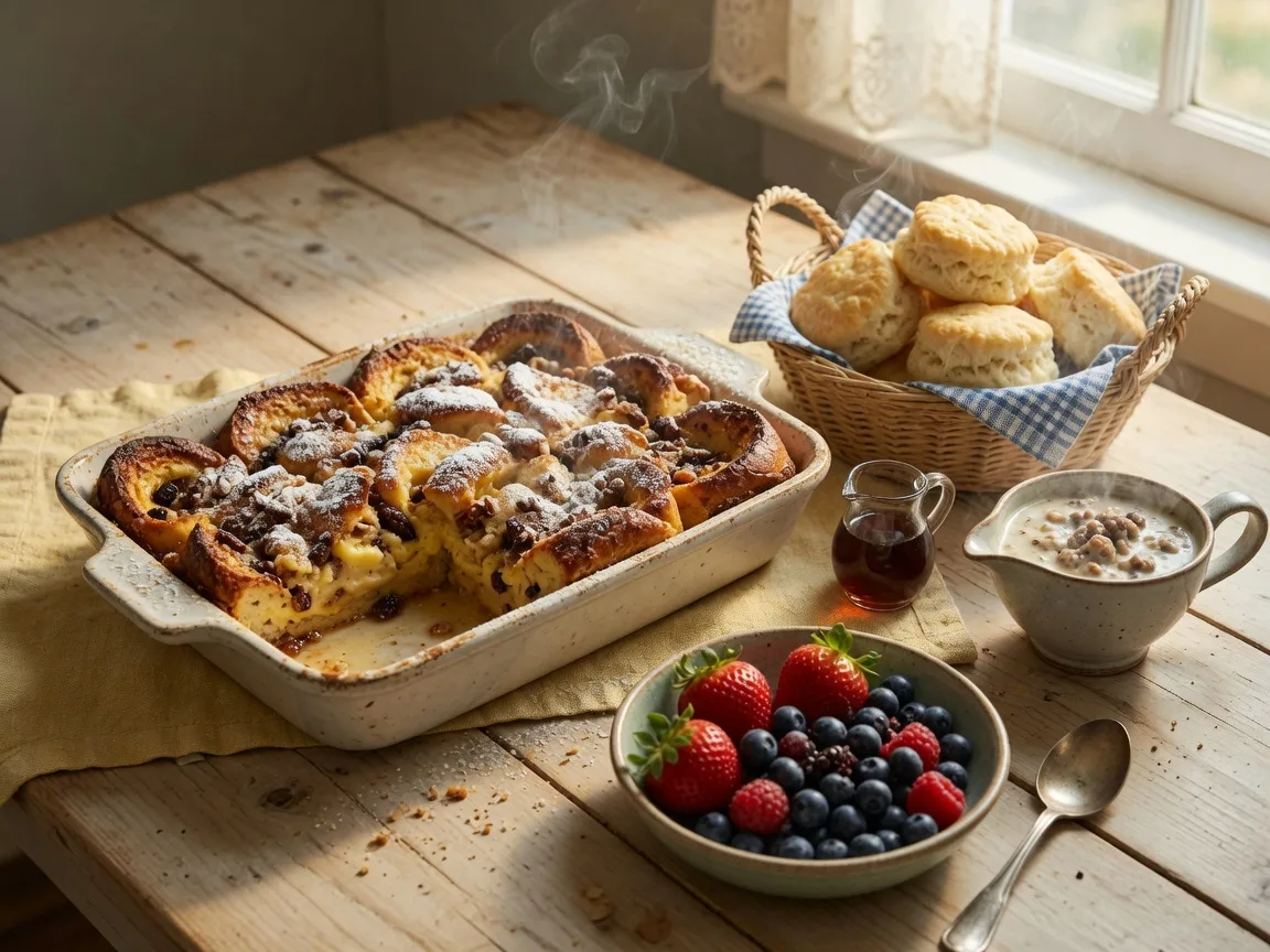 A Southern brunch spread at Oy! in Buford Georgia with Challah French toast casserole, buttermilk biscuits, and sausage gravy