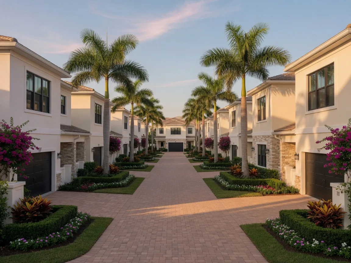 New one-story carriage homes and villas on a landscaped street at Boca Flores in Boca Raton