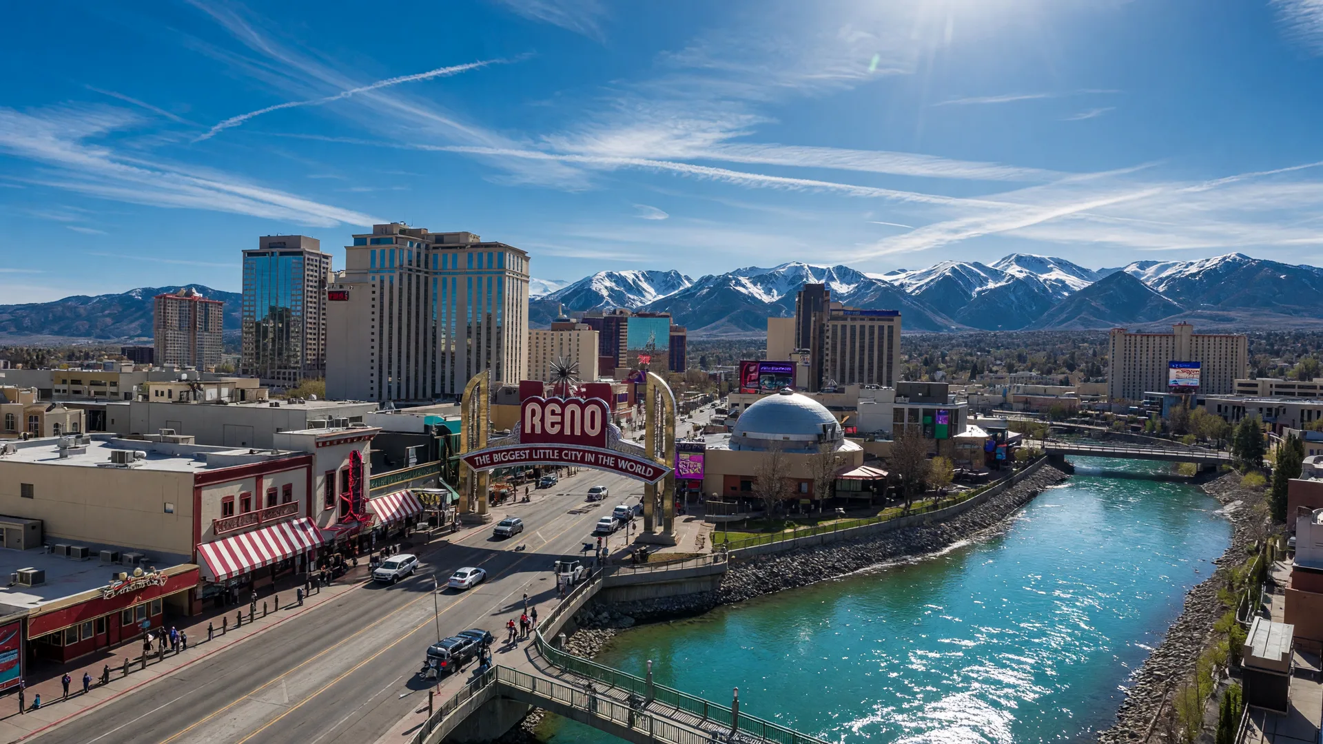 Downtown Reno with the Truckee River and Sierra Nevada mountains
