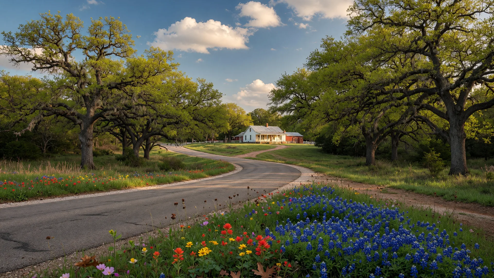 Peaceful Texas countryside scene near Brenham with live oaks, bluebonnets, and a winding country road