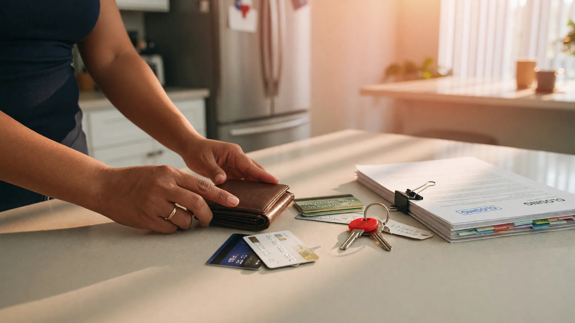 A first-time homebuyer's hands keeping a wallet closed and setting aside credit cards on a kitchen counter beside new house keys and a closed purchase contract in warm morning light