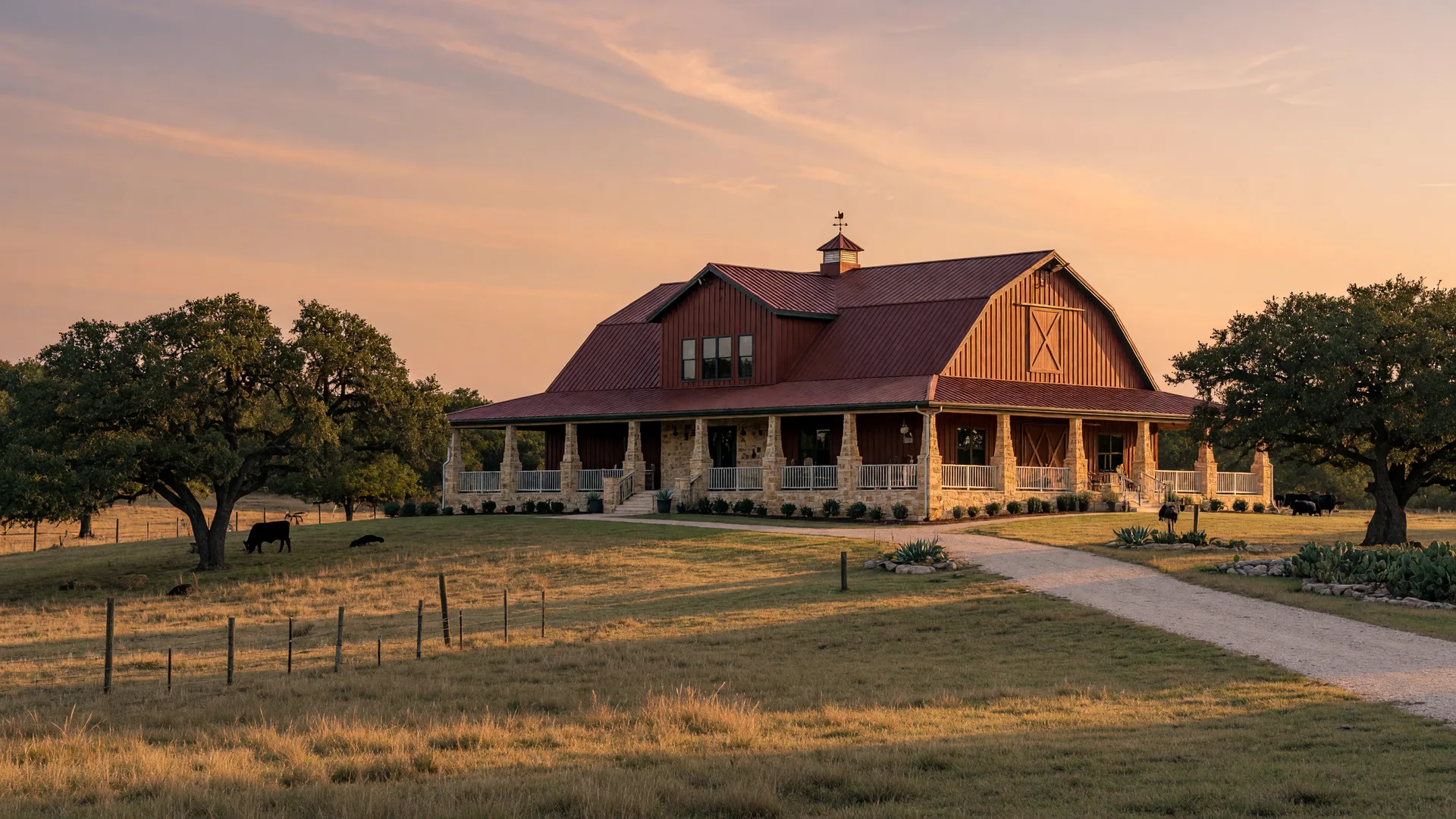 A metal-roofed barndominium with limestone accents on a Hill Country acreage lot