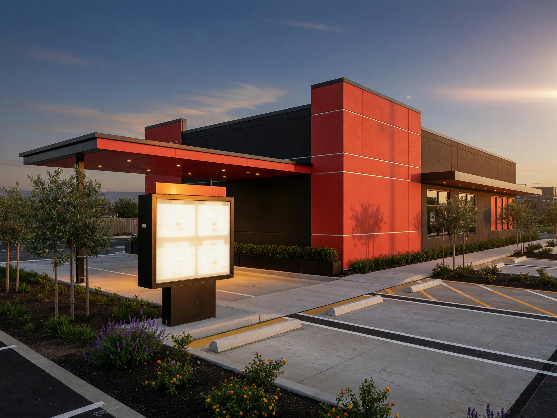 The exterior of a newly opened fast-casual drive-thru restaurant in a Central Valley shopping center at golden hour, a modern building with a red-and-black facade, a glowing menu board under a wide canopy, and young landscaping in late September light