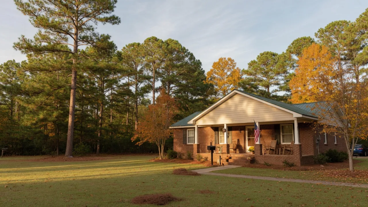 A welcoming brick home among tall longleaf pines in Moore County, NC, on a warm autumn afternoon