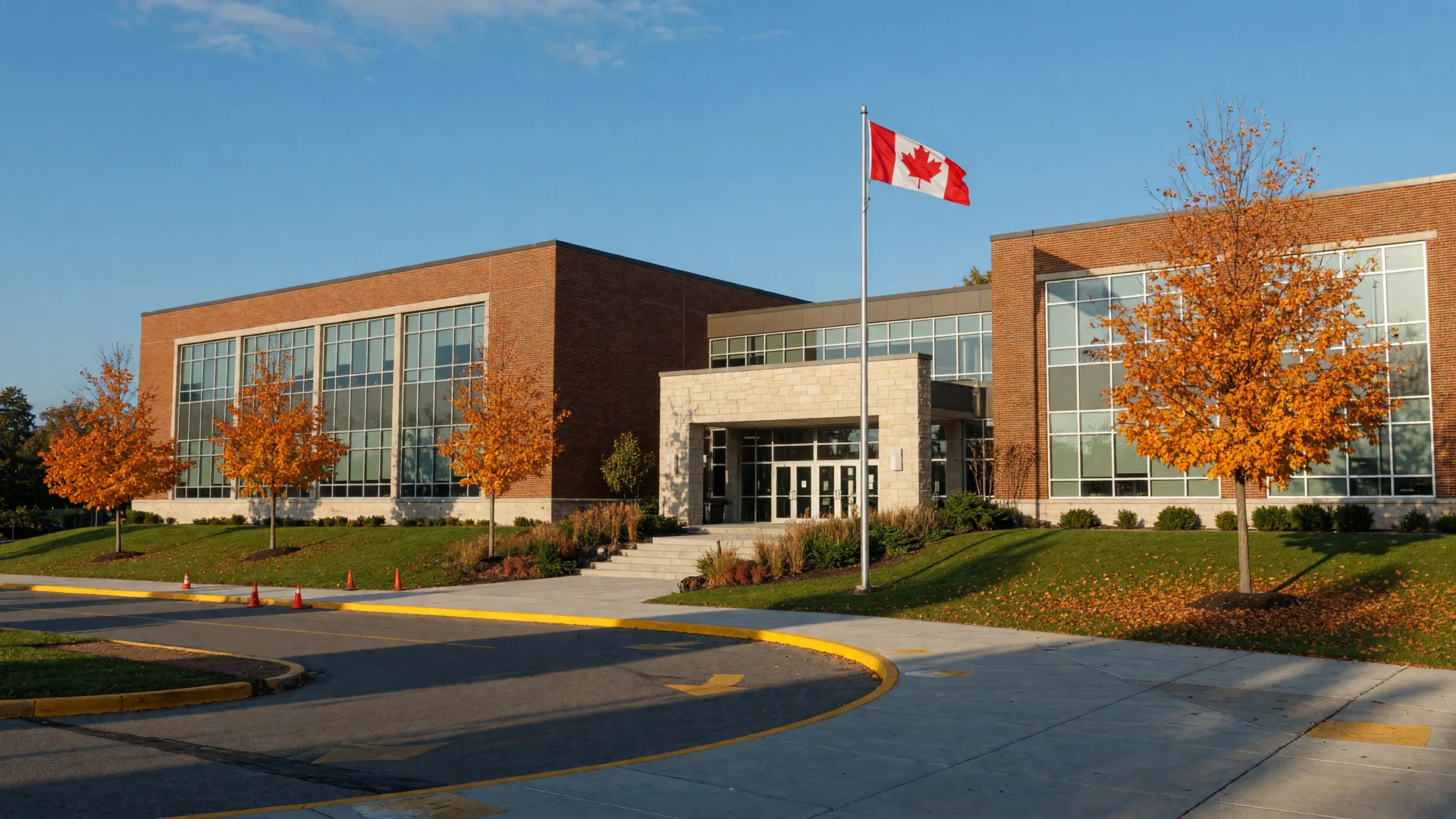 Modern two-storey brick and glass public school building in north Oshawa with a Canadian flag and autumn maple trees on a sunny morning