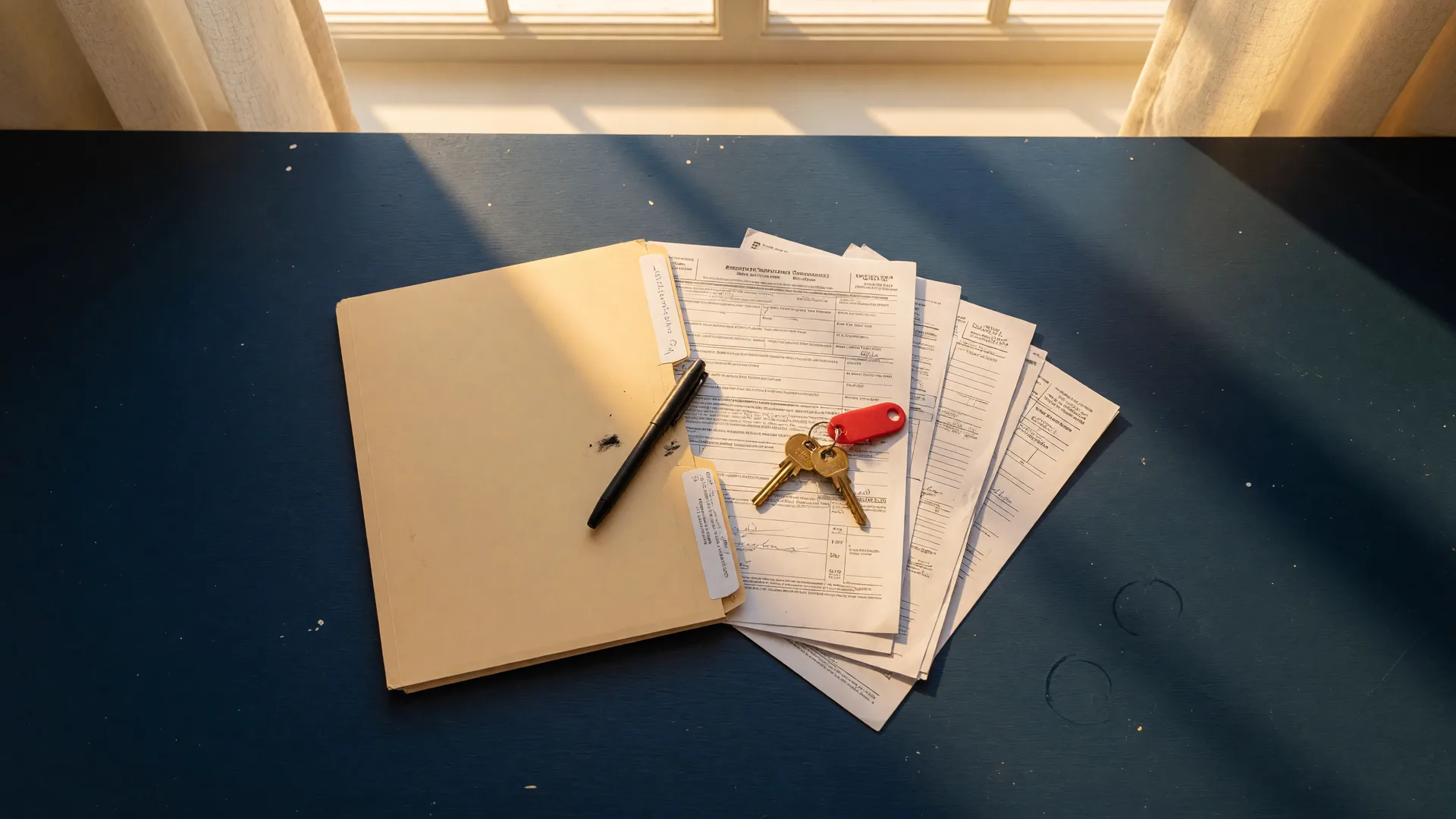 A folder of mortgage paperwork with a pen and brass house key on a navy desk