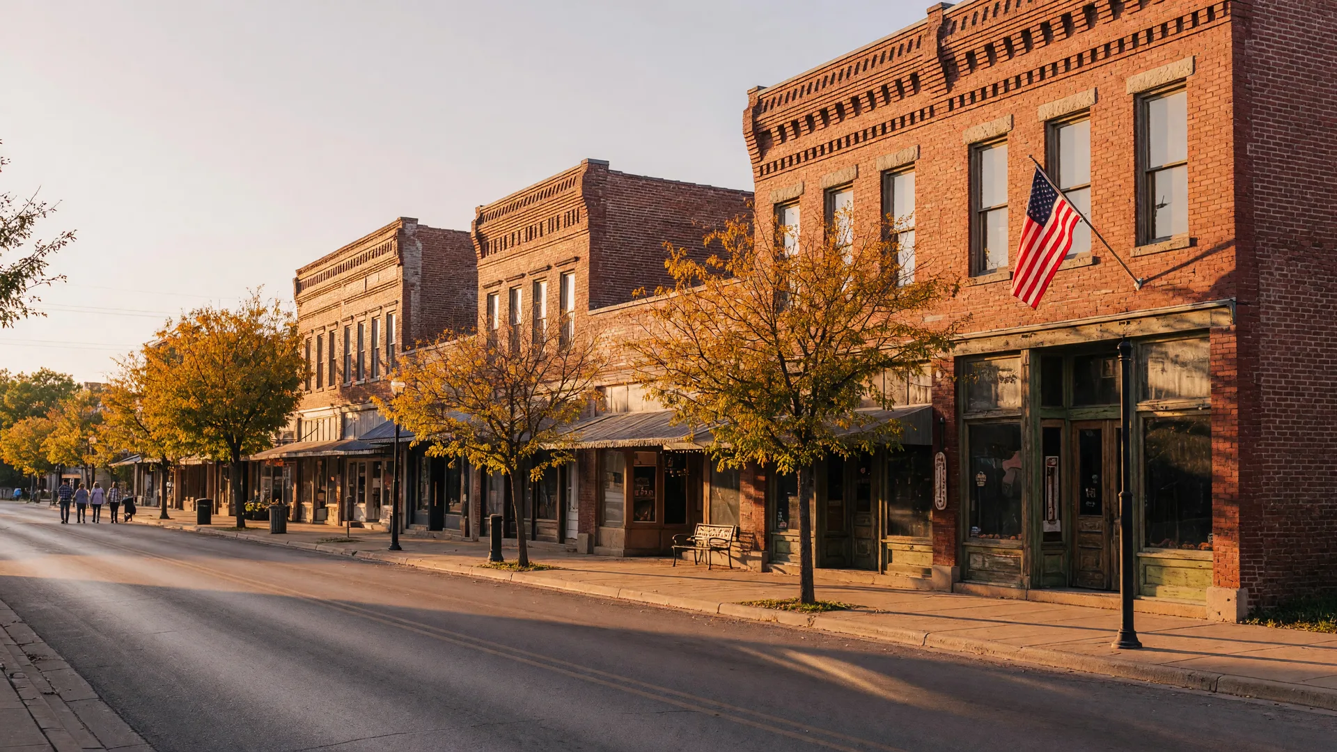Small-town Main Street in Omaha Texas with brick storefronts and amber autumn trees at golden hour