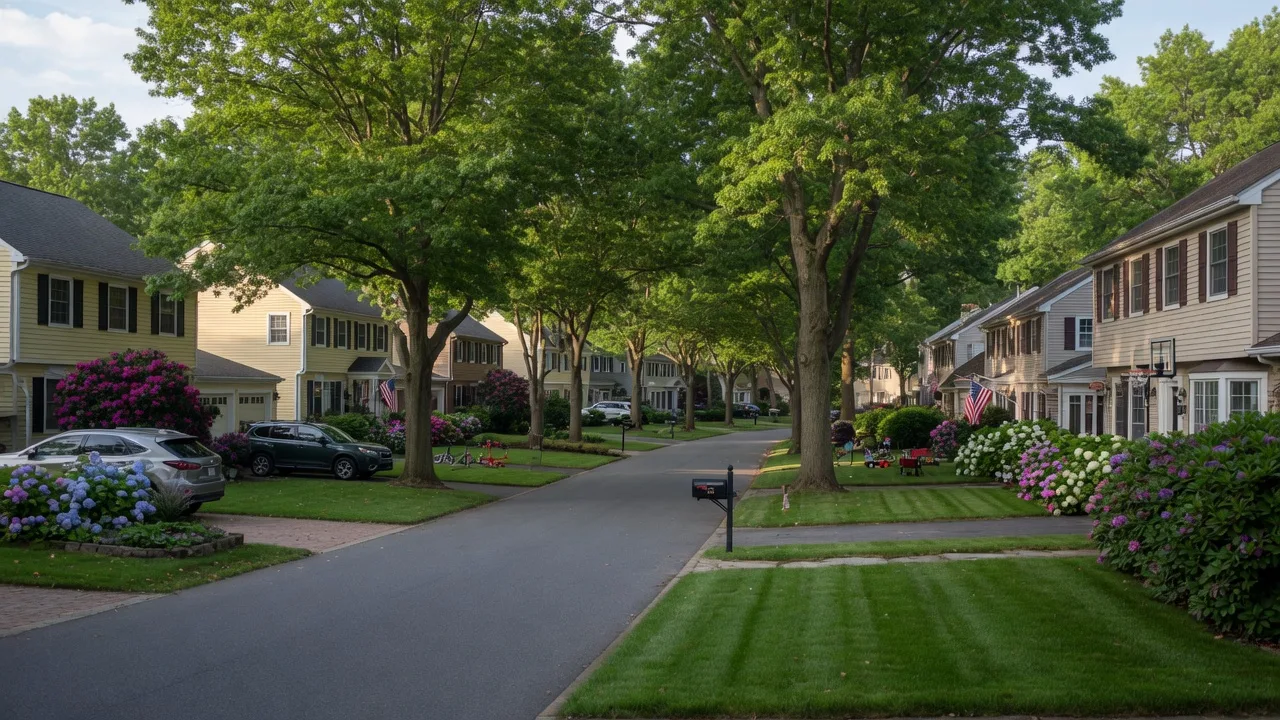 Tree-lined residential street in Richboro with well-maintained Colonial homes and autumn foliage
