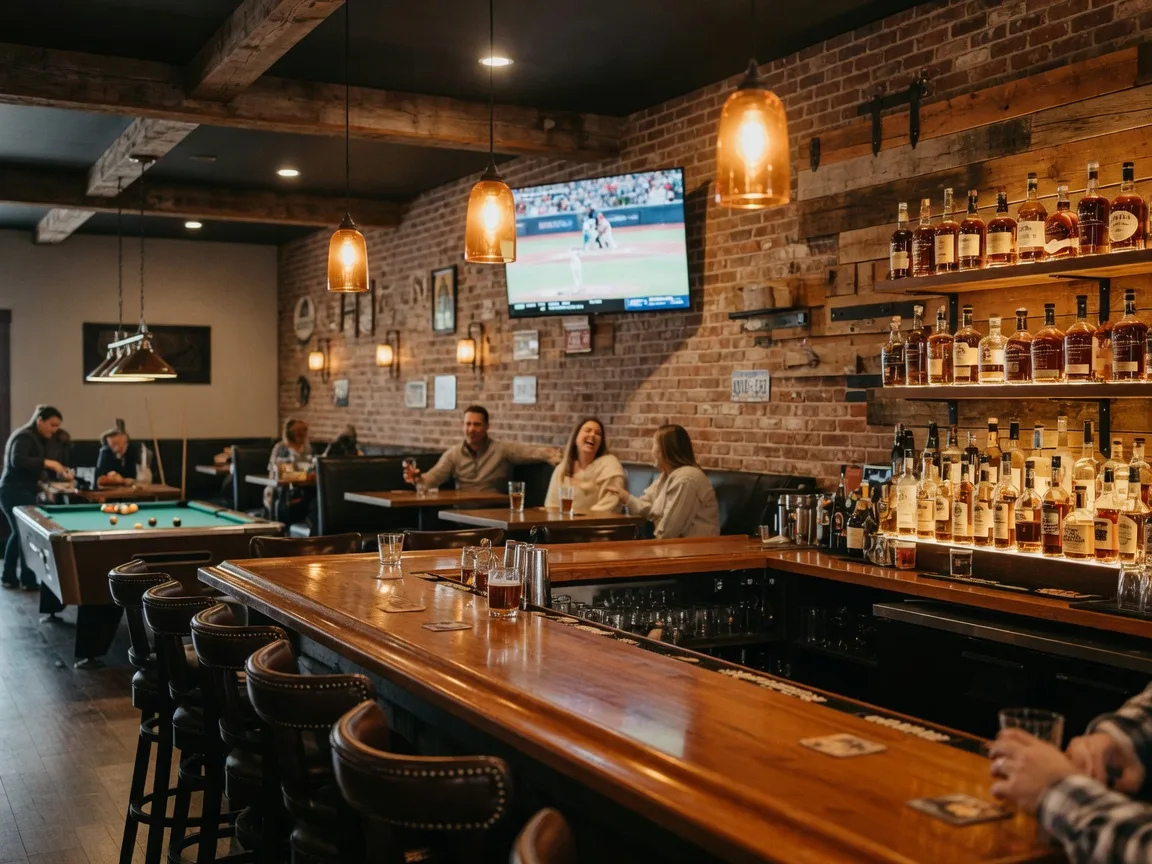 The warm interior of Moonshiners Bar and Grill in Braselton Georgia, amber pendant lights over a polished wood bar, backlit bourbon shelves, leather stools, and a softly lit pool table in the background