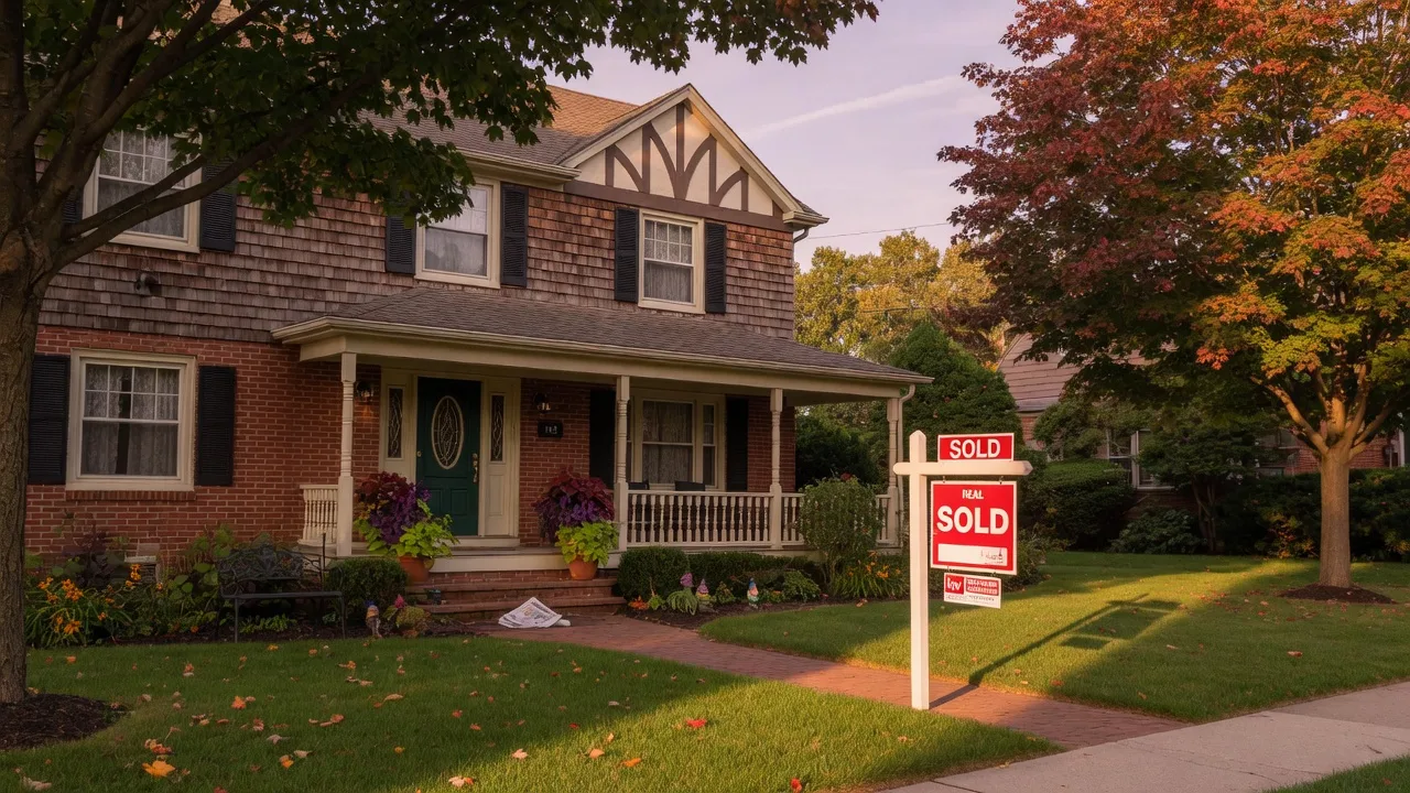 Colonial-style home in Essex County New Jersey with a SOLD sign in the front yard on a warm late summer afternoon
