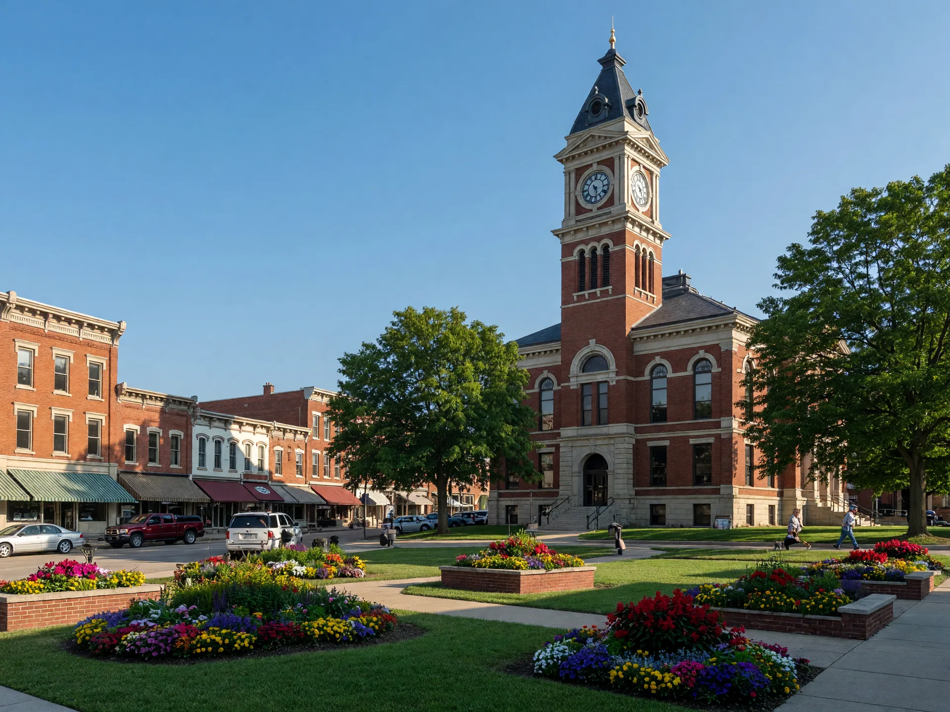 The historic brick and stone courthouse with a clock tower rising above the tree-shaded square in Urbana Ohio