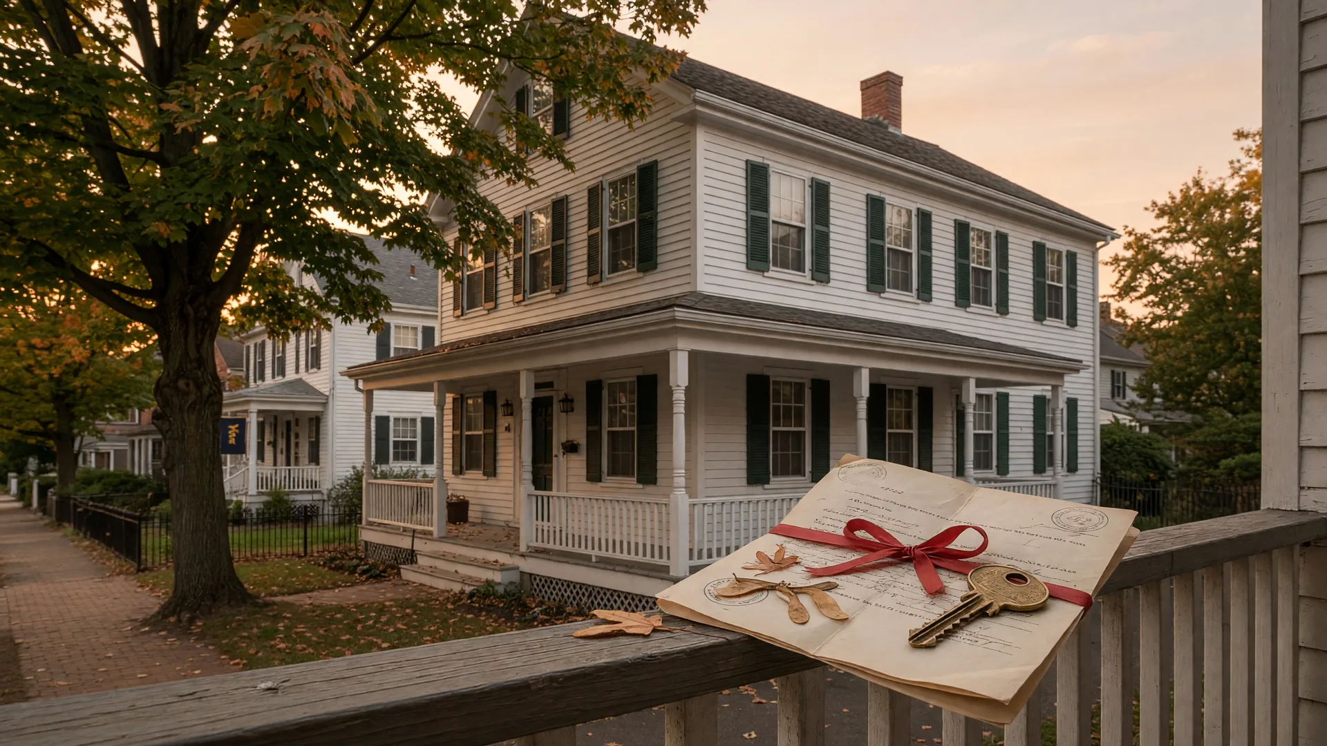 A classic New England colonial home in a New Haven neighborhood at golden hour, with a ribbon-tied deed and a brass house key resting on the porch railing
