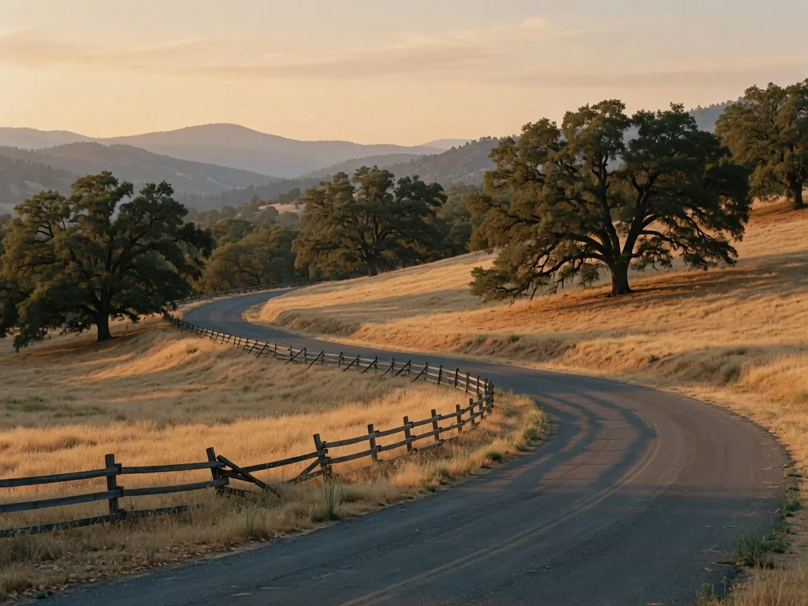A quiet country road winding through oak-studded golden foothills in Mariposa County with a split-rail fence, scattered live oaks, and warm late-afternoon light
