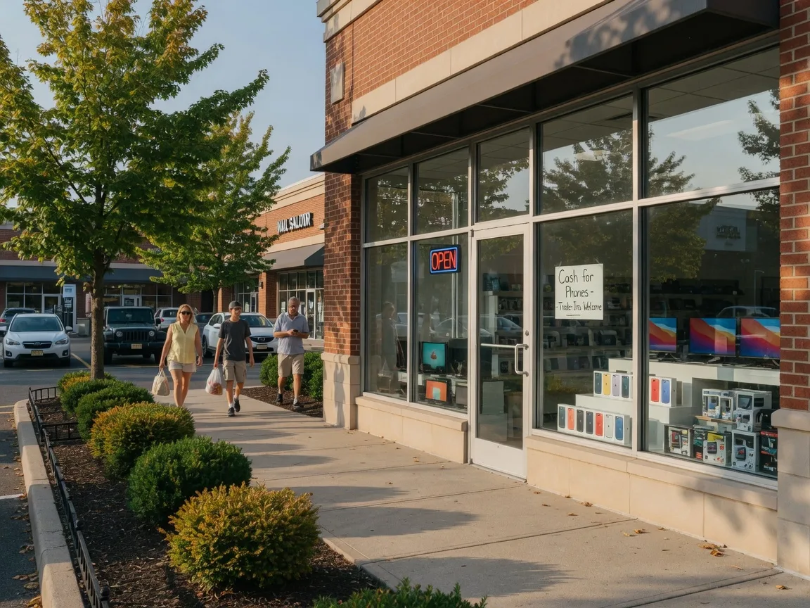 Modern electronics resale storefront in a suburban New Jersey shopping plaza on a bright late-summer morning