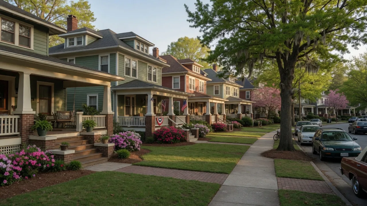 Historic Craftsman bungalows along a tree-lined street in Morningside, Atlanta