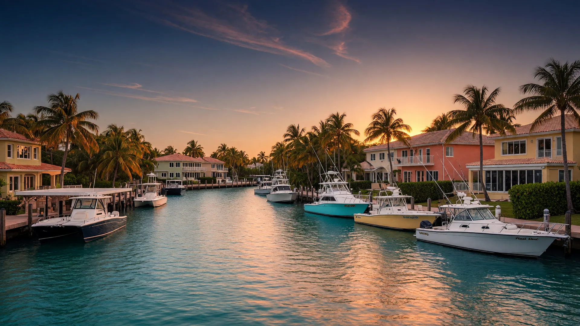 Key Largo coastline at golden hour with luxury waterfront homes lining a deep-water canal, sportfishing boats at private docks, and coconut palms against a warm amber sunset sky