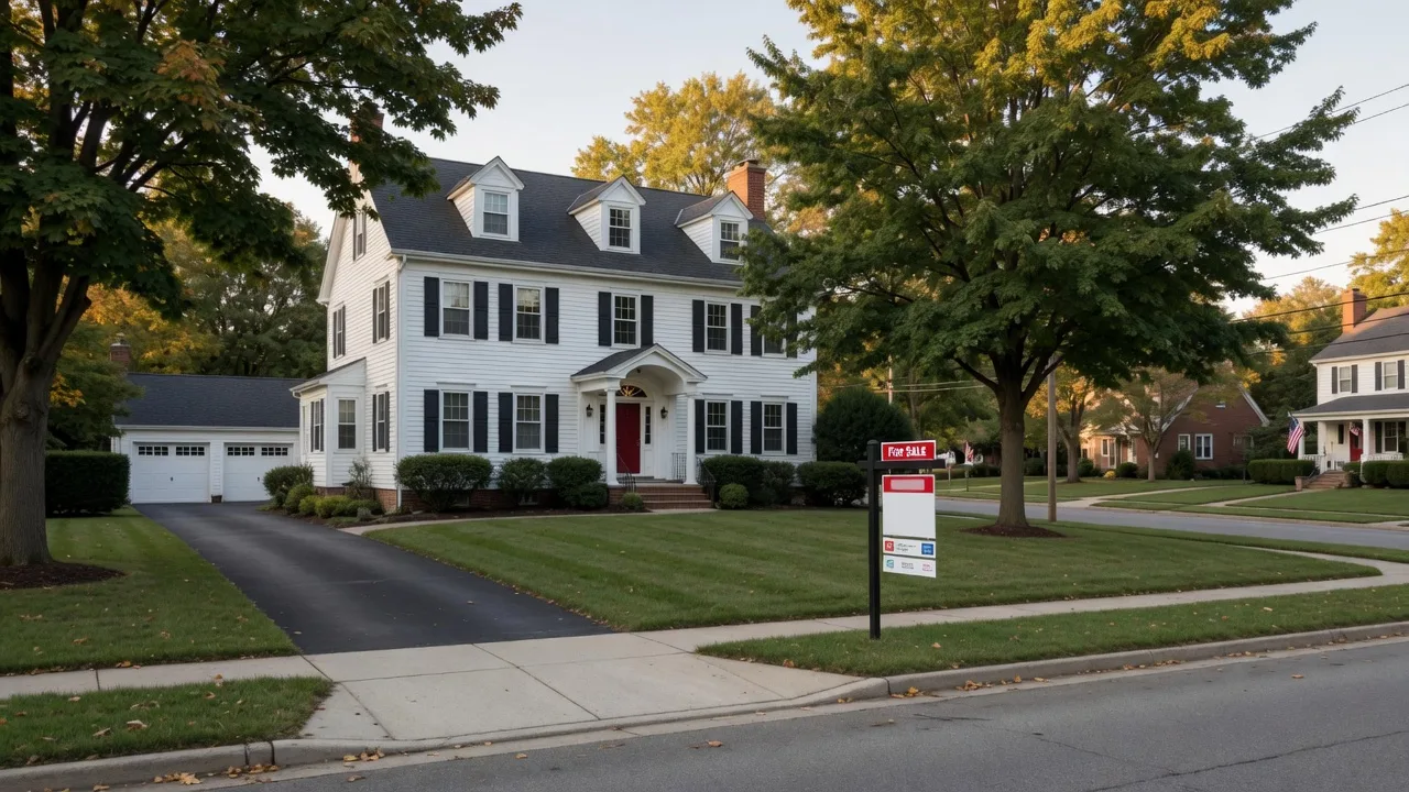 A classic Northeast Ohio colonial home on a quiet residential street in warm afternoon light