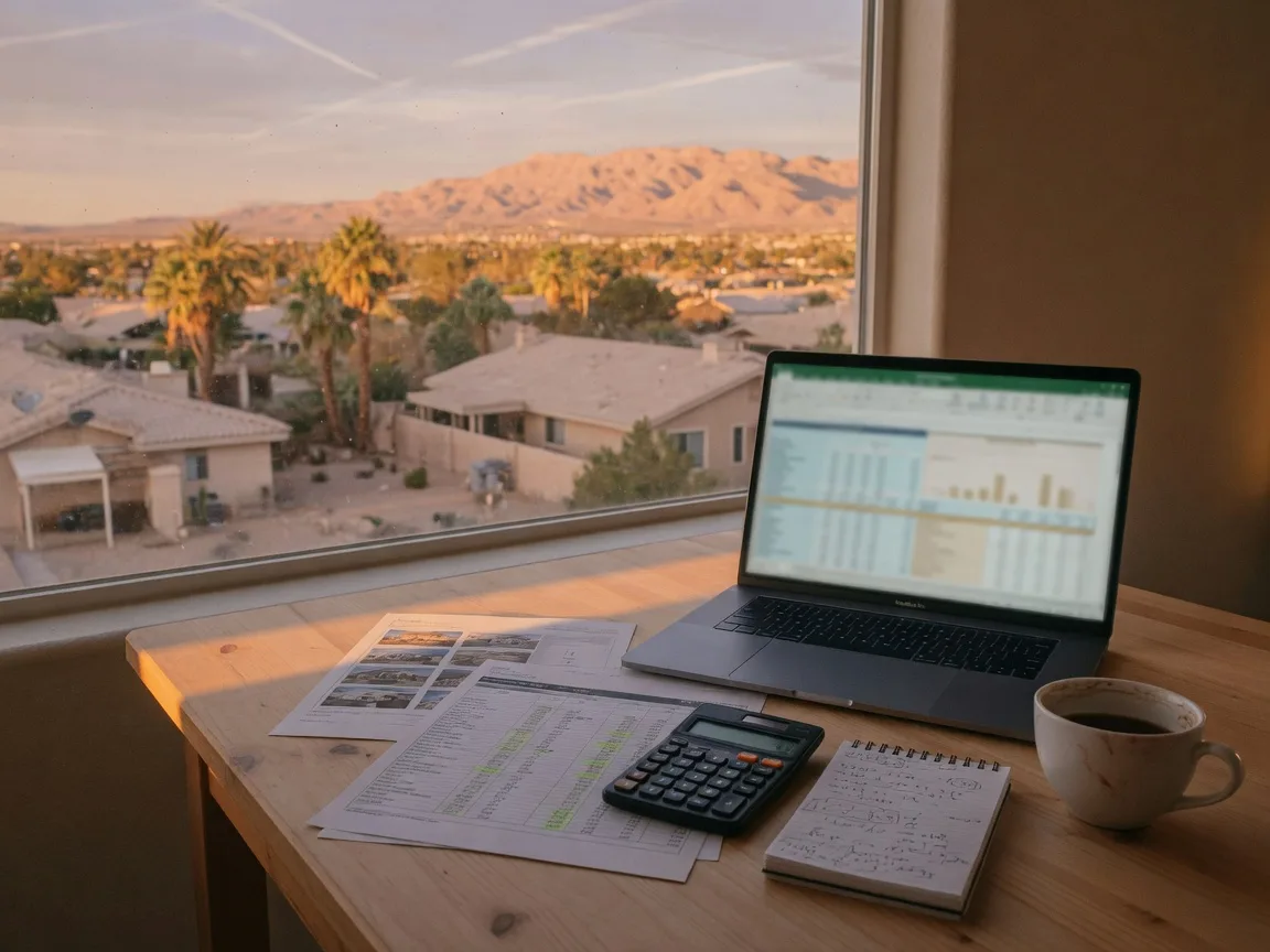 An investor's workspace with a laptop, property comparables, a calculator and a notepad in a Las Vegas desert home at dusk