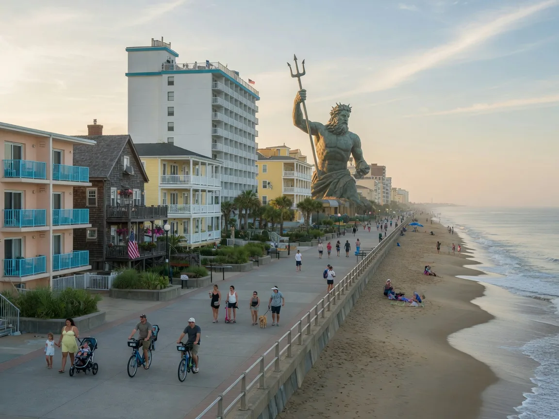 Virginia Beach Oceanfront boardwalk and beach on a sunny day