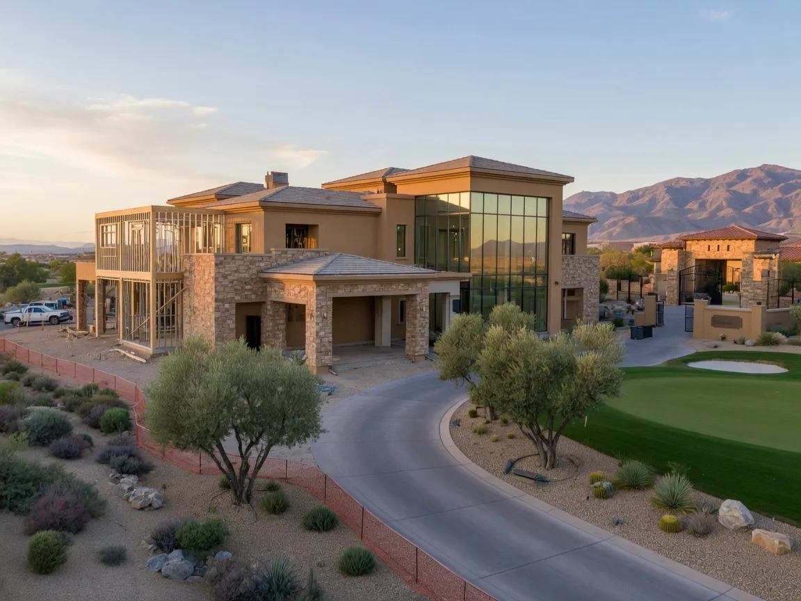 An elegant two-story luxury estate under construction in Southern Highlands in Southwest Las Vegas, with stacked stone and sand stucco, glass walls facing mountains, and light framing on one wing
