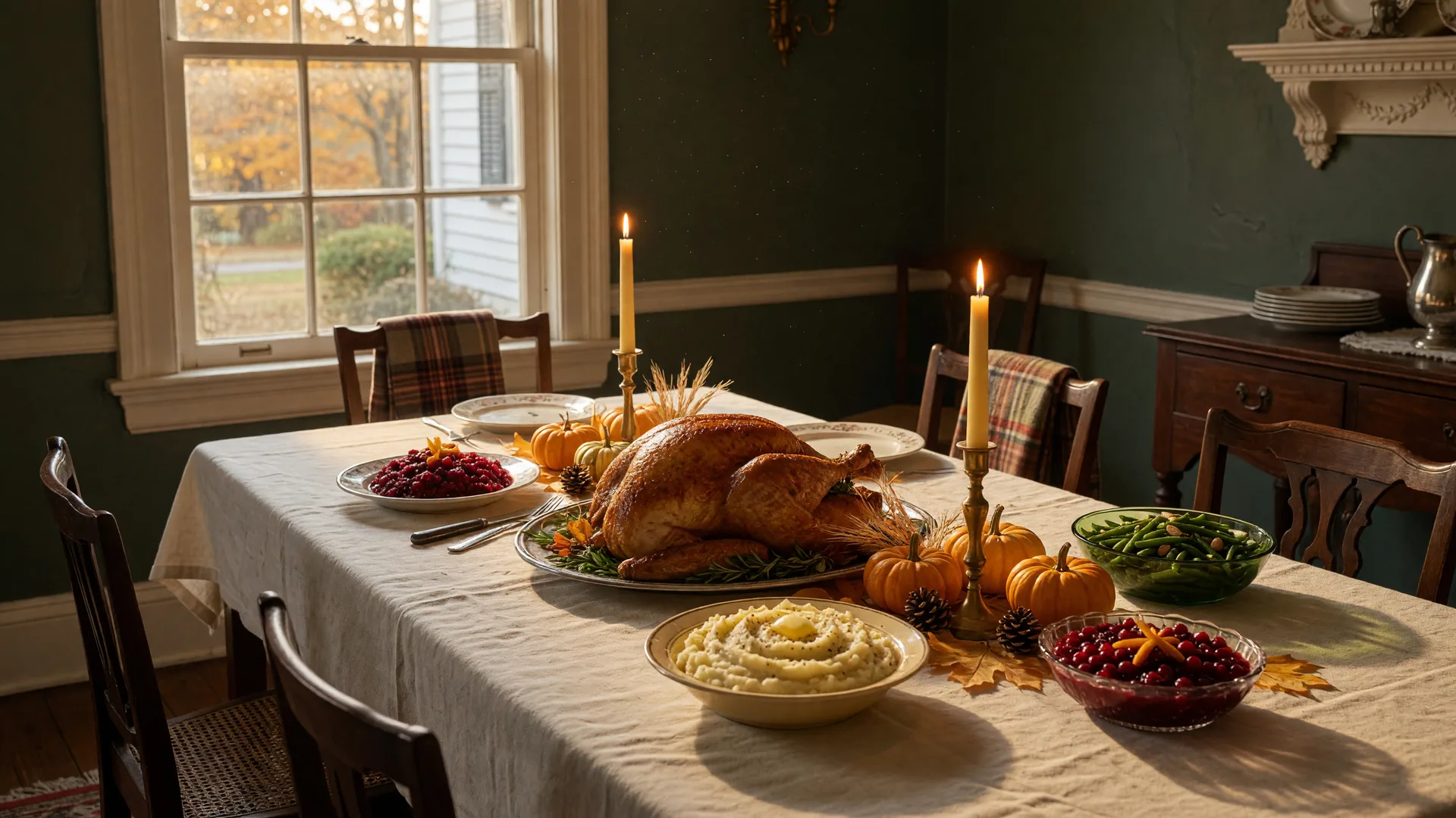 Thanksgiving dinner table set with a roasted turkey, side dishes, and a pumpkin and candle centerpiece in a Cherry Hill colonial home dining room in warm autumn light