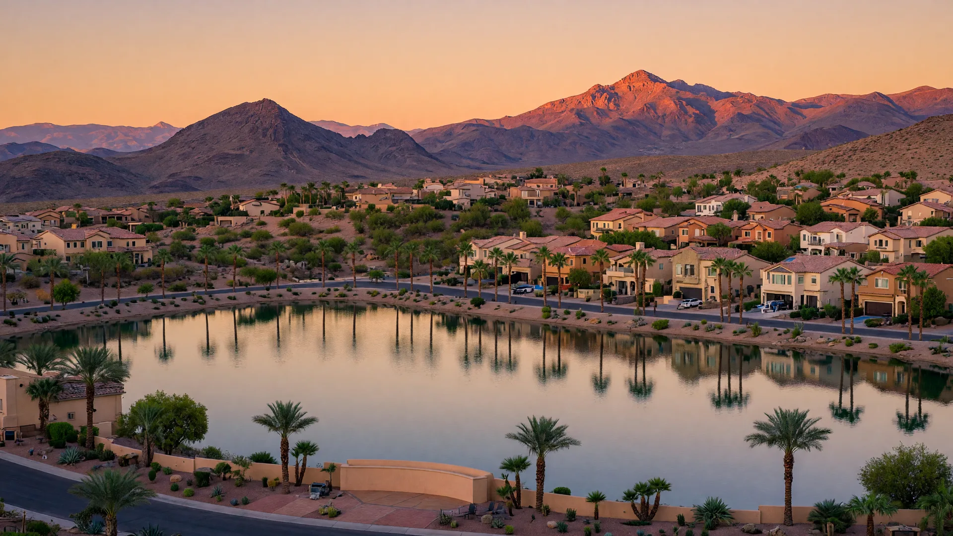 Henderson, Nevada at golden hour with a resort-style lake, hillside homes, palm-lined streets and desert mountains