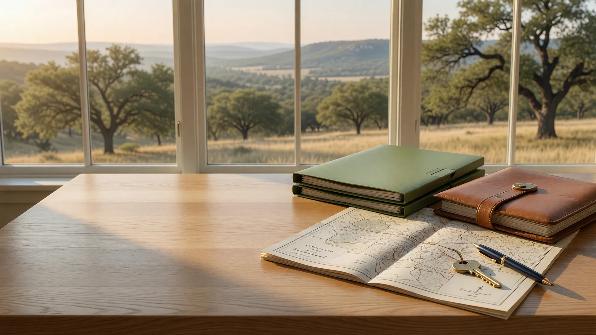 An organized seller's property records folder with a survey plat and house key overlooking a Texas Hill Country landscape