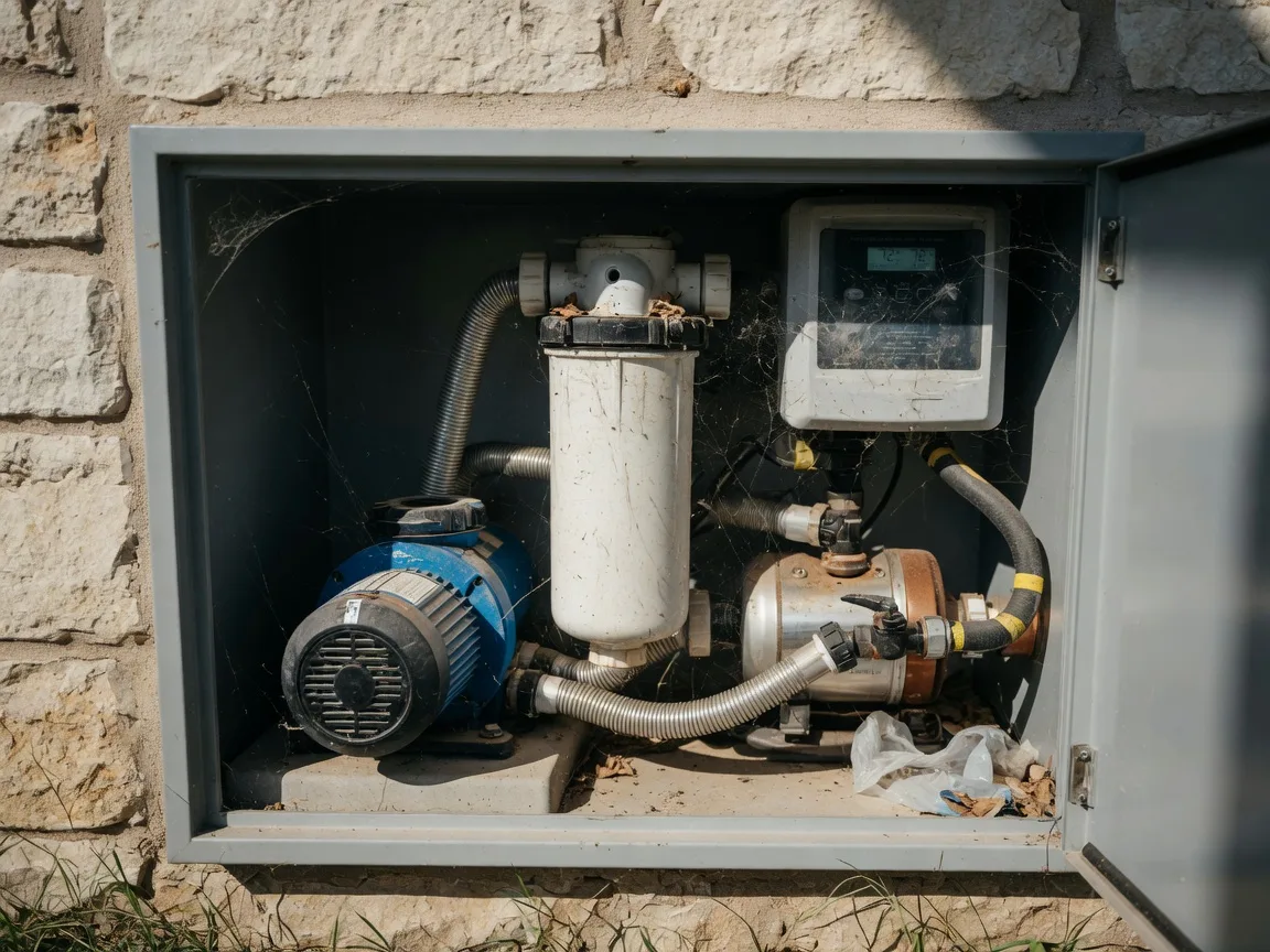 Open pool equipment cabinet showing a variable-speed pump, cartridge filter, salt chlorine generator control panel, and gas pool heater with gas line, installed on a limestone foundation in a Texas backyard