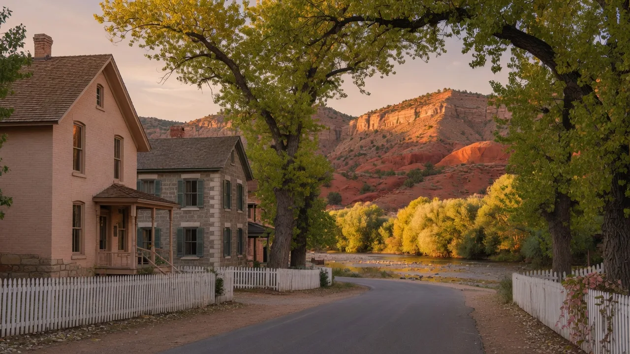 AI-rendered concept image of historic Santa Clara, Utah with pioneer homes and mature trees along a quiet street