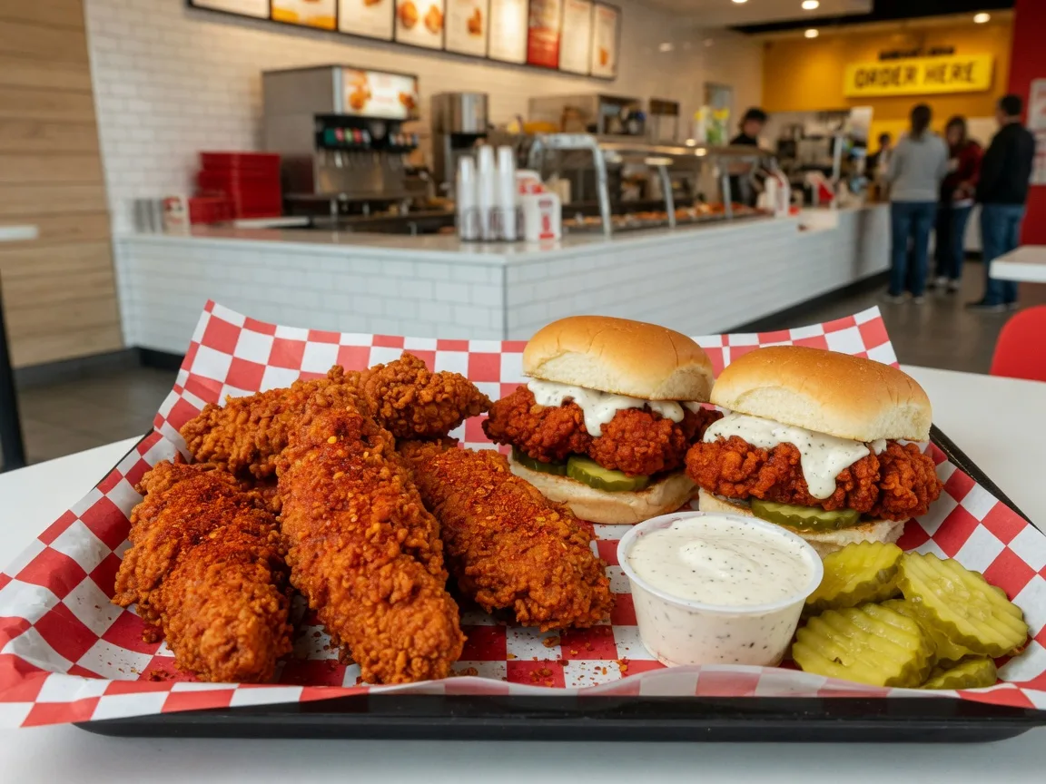 Nashville-style hot chicken tenders and sliders with red spice dusting, pickles, and white sauce at a fast-casual chicken restaurant