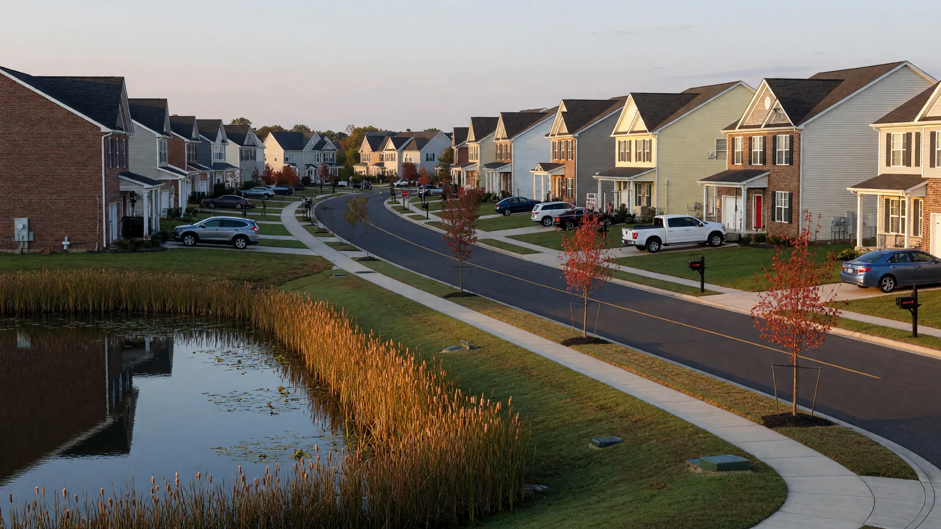 Newer suburban neighborhood in Chesapeake with two-story brick and vinyl homes along a quiet street at morning