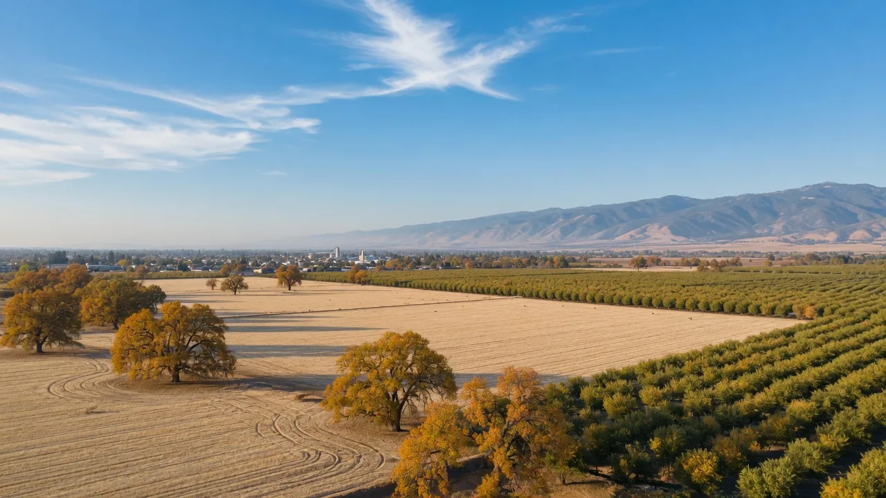 Golden harvested fields, almond orchards, and valley oaks near Merced in the Central Valley on a sunny late-October morning, with the hazy Sierra Nevada foothills on the horizon under a clear blue sky