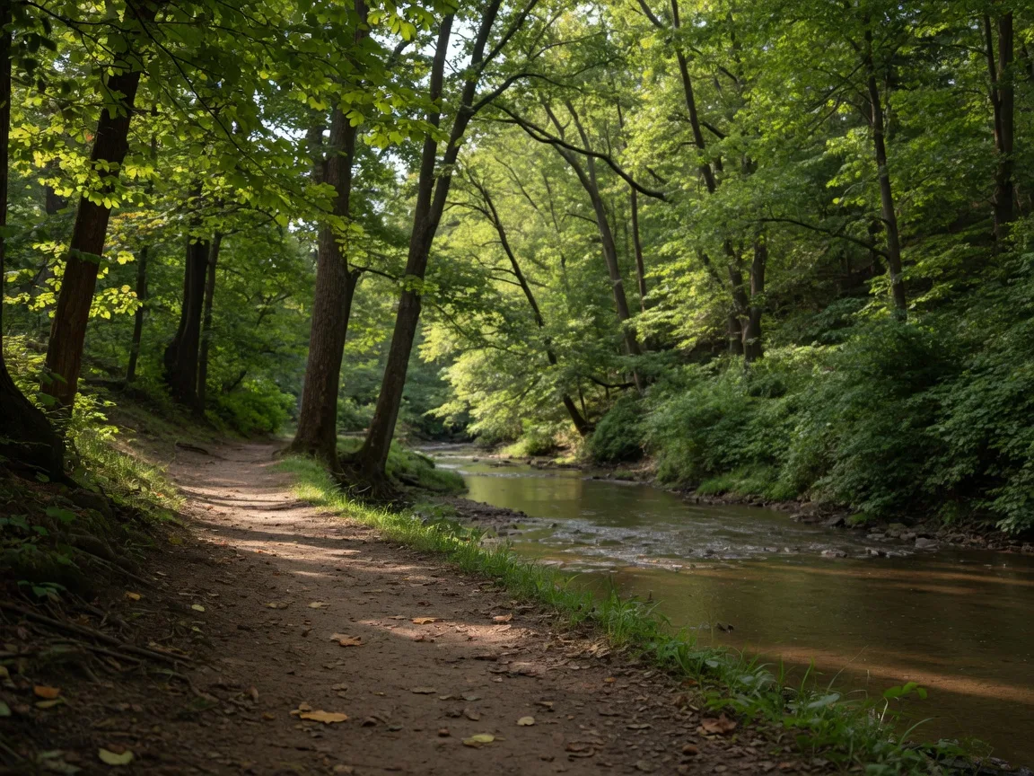 A wooded trail in Poquessing Valley Park running beside Poquessing Creek near the Bucks County border of Northeast Philadelphia