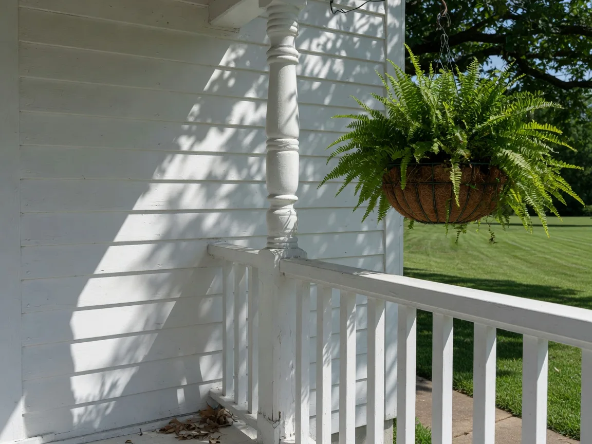 Close-up of a white clapboard porch corner with a turned post and hanging fern