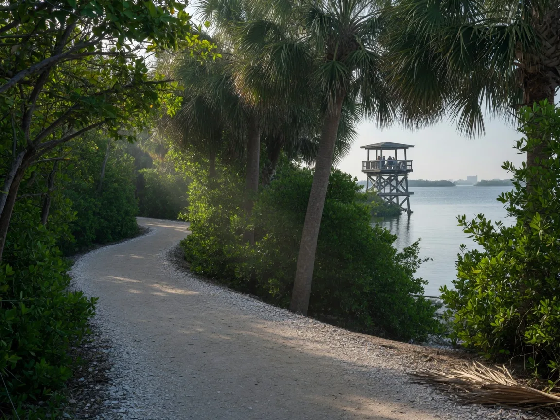 A winding sand-and-shell trail through mangroves and sabal palms at Emerson Point Preserve, with calm water and an observation tower in the distance