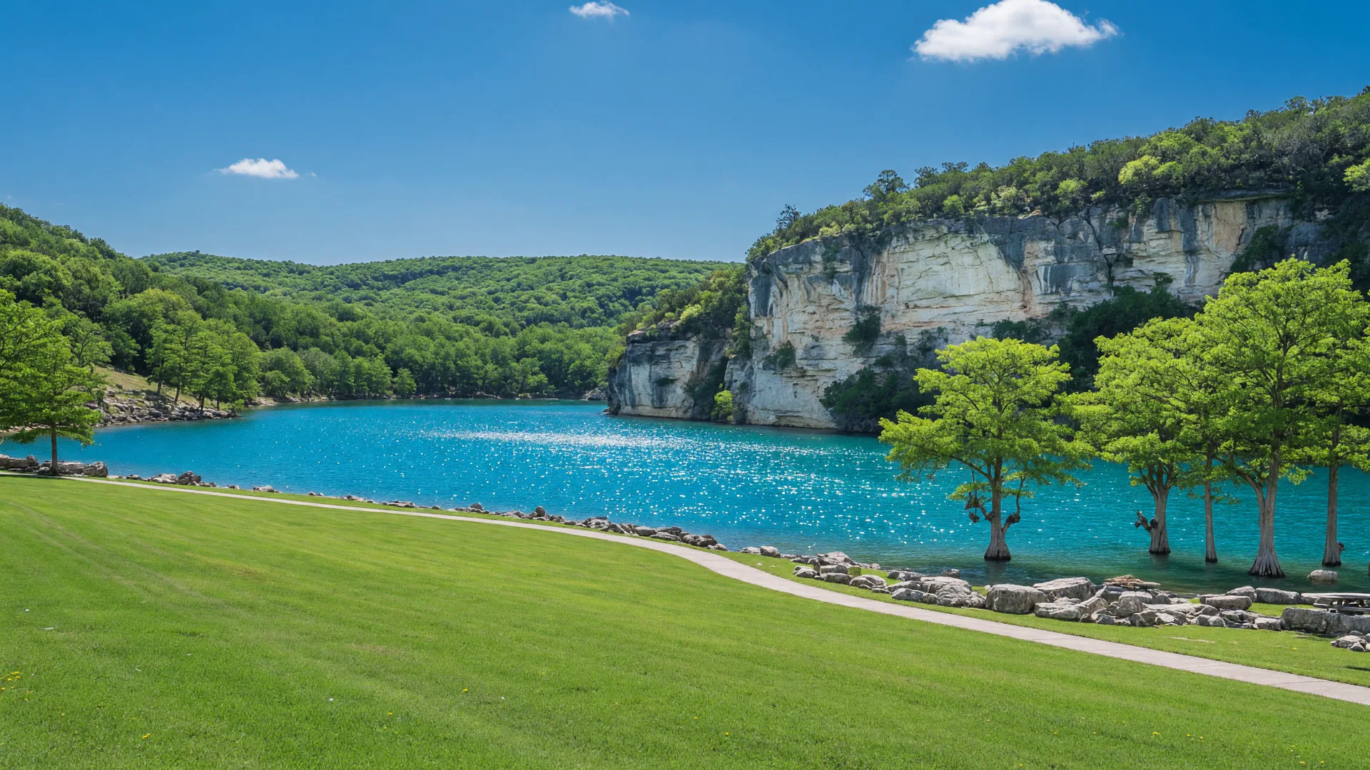 Canyon Lake turquoise water framed by limestone cliffs and cypress trees