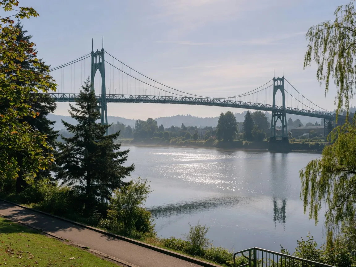 Wide river and steel bridge seen from a Portland riverside path