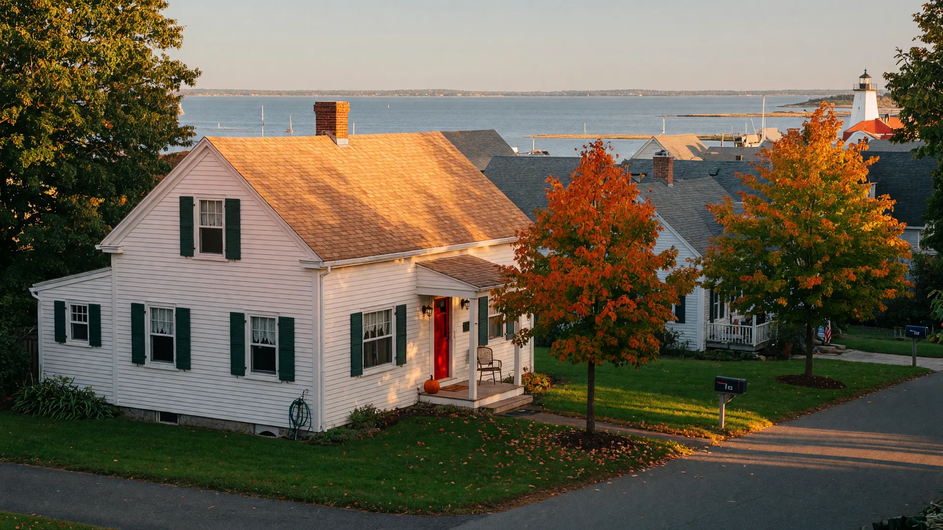 A classic white clapboard New England shoreline cottage in Morris Cove, New Haven at golden hour, with dark shutters, a small front porch, early autumn maples, and Long Island Sound beyond the rooftops